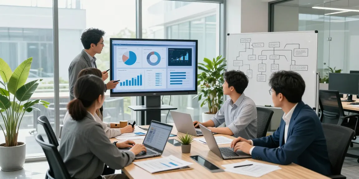 IT support small business team collaborating in a modern office setting discussing IT strategies.