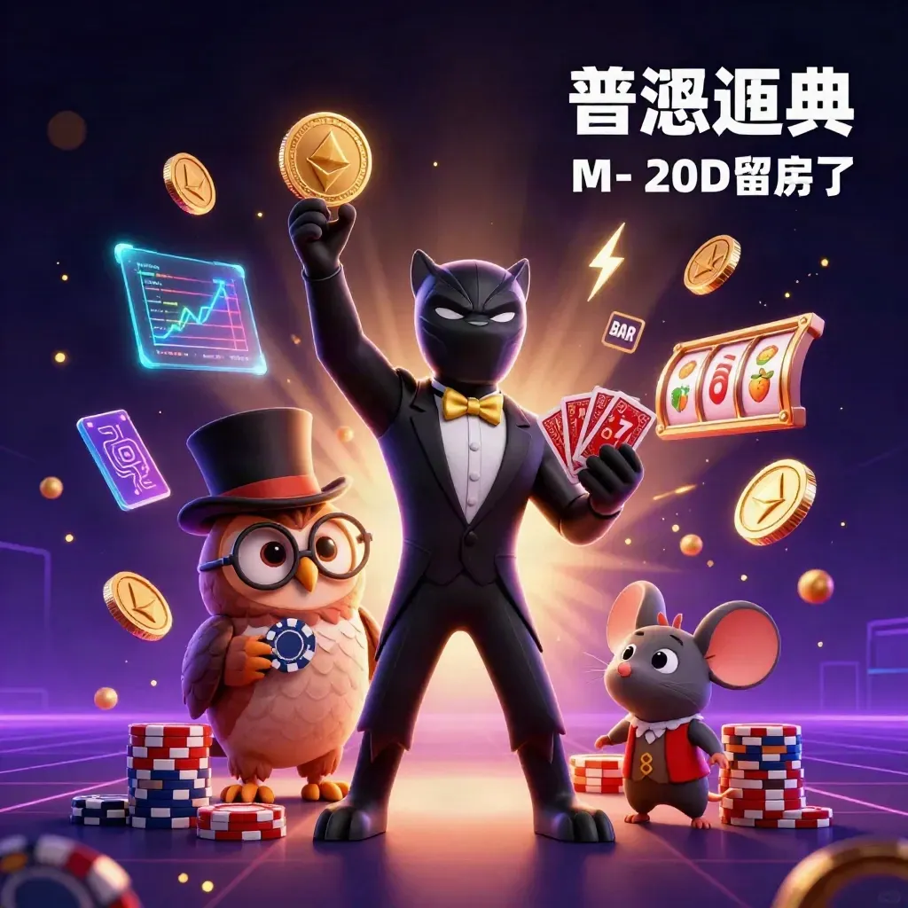 Pantera, gufo e topo tra monete crypto, slot, lampi e luce neon viola.