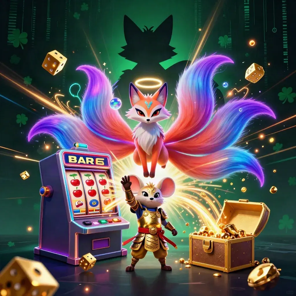 Volpe a nove code con topolino samurai tra jackpot, monete e bagliori neon.