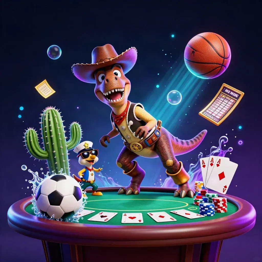 T-Rex cowboy, cactus e roadrunner tra palloni, fiches e luci neon casino.
