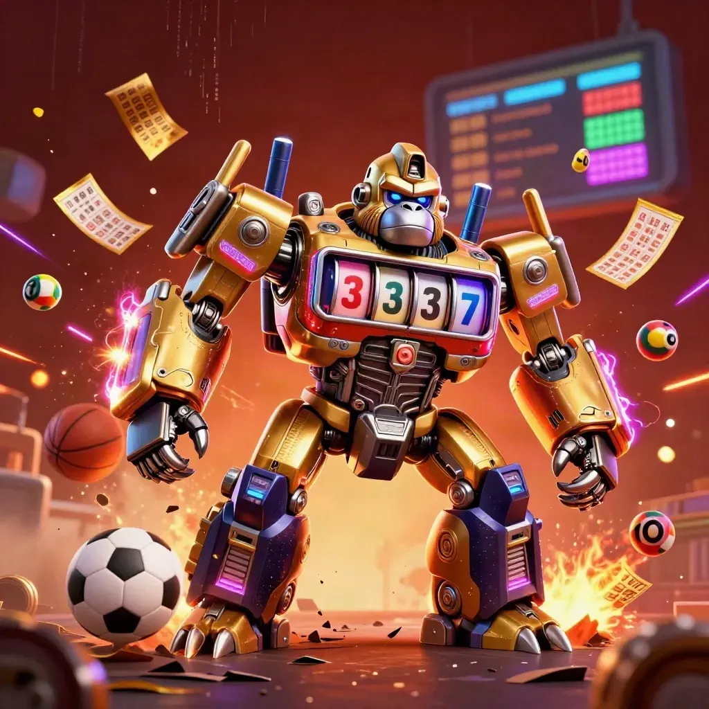 Gorilla mech dorato con scie neon, pallone, basket e ruota premio in esplosione notturna