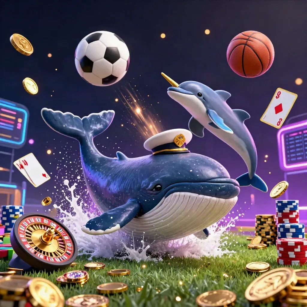 Balena, narvalo e delfini tra monete, palloni e neon in un’arena casinò vista dal basso.