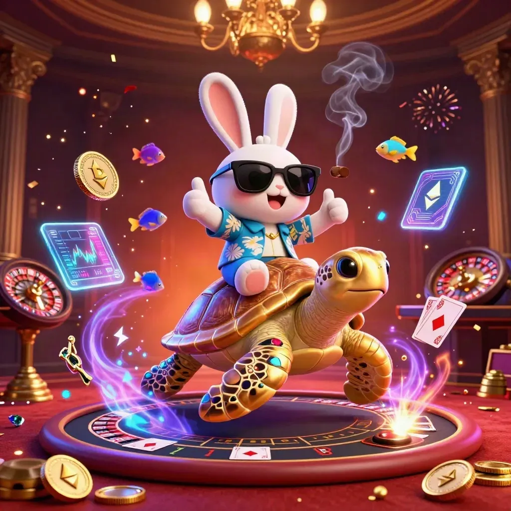Coniglio 3D su tartaruga dorata, fiches crypto, luci neon e sala live casino glamour.