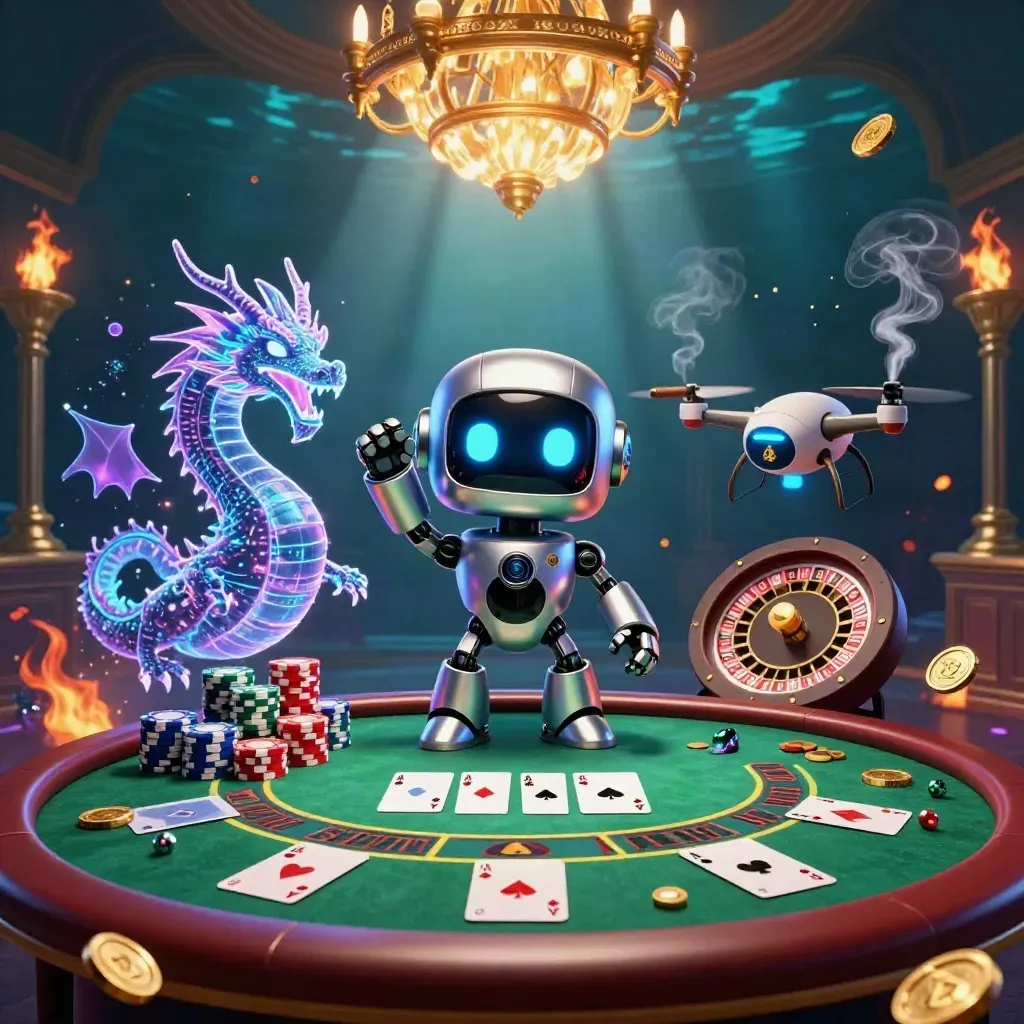 Robot, drago olografico e drone su tavolo da poker neon con monete e luci dorate.