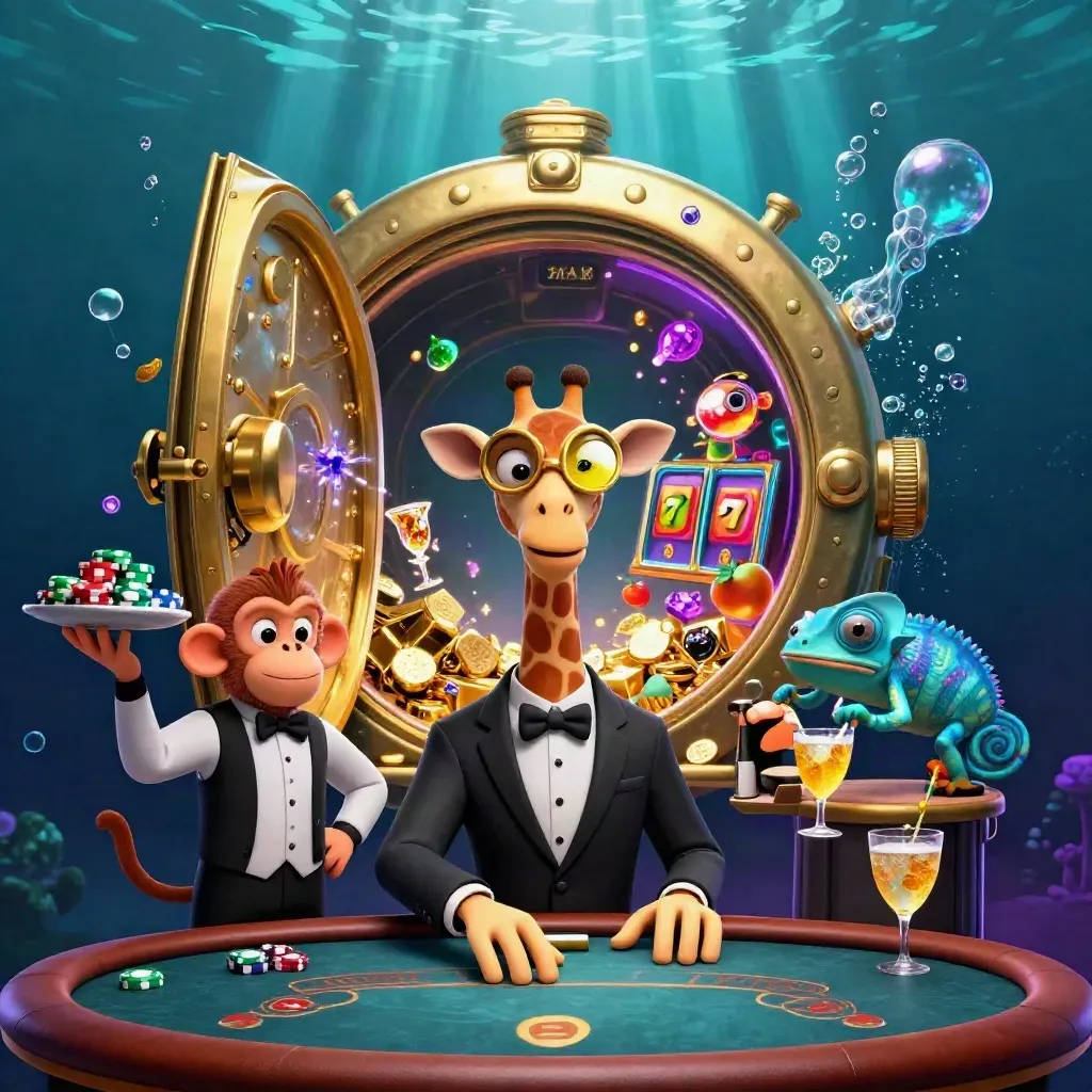 Giraffa, scimmia e camaleonte in un tesoro subacqueo neon con gemme, oro e bolle.