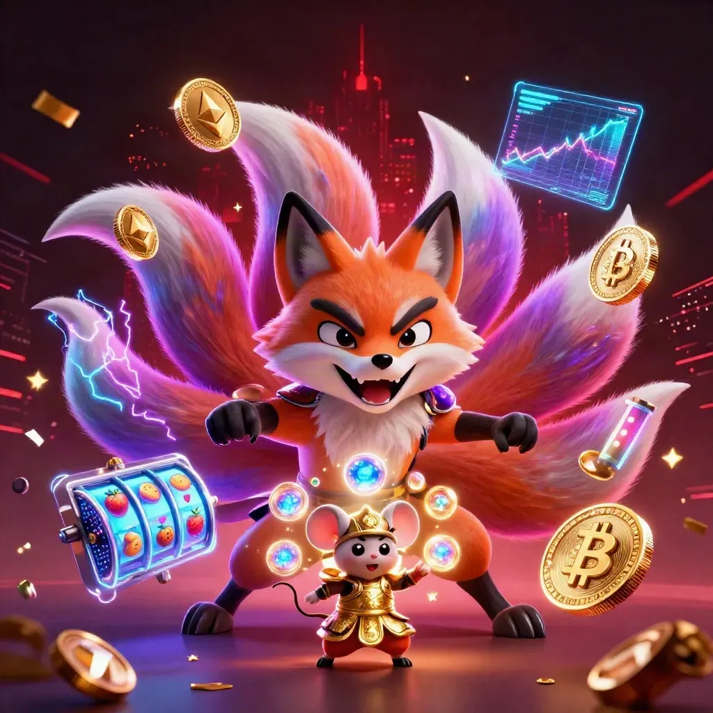 Volpe spirito a nove code con topo samurai e monete neon in scena casino futuristica.